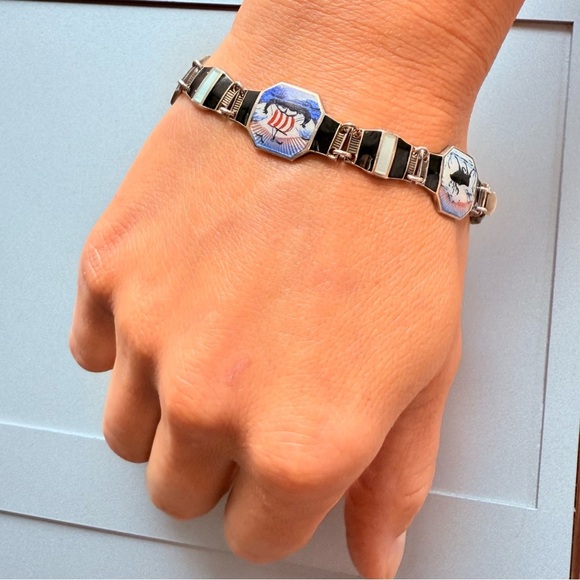 BERNARD MELDAHL ENAMEL GUILLOCHE VINTAGE NORWEGIAN STERLING SILVER BRACE… - Picture 7 of 9